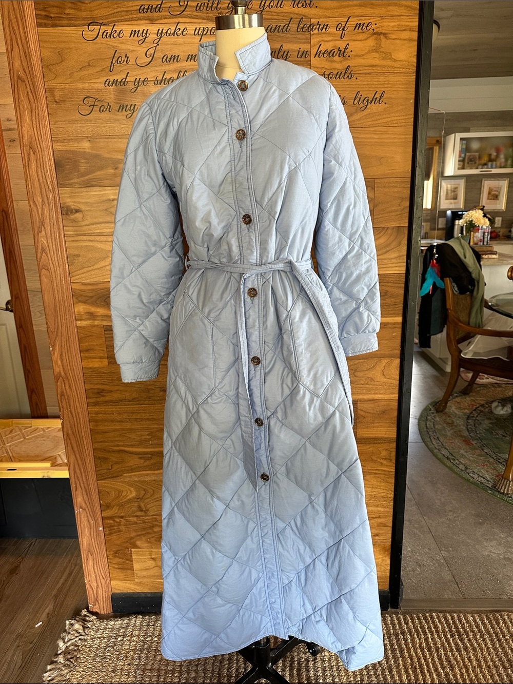 Eddie Bauer Vintage Light Blue Quilted Premium Goose Down Feather Long Coat Belt